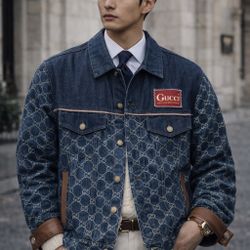 Gucci GG Jacquard Denim Jacket Leather Trim Indigo Blue IT48 Runs Large