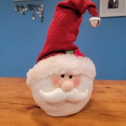 15" Plush & Beanbag Santa Head ~ Face, White With Glitter, Red Hat With Bell