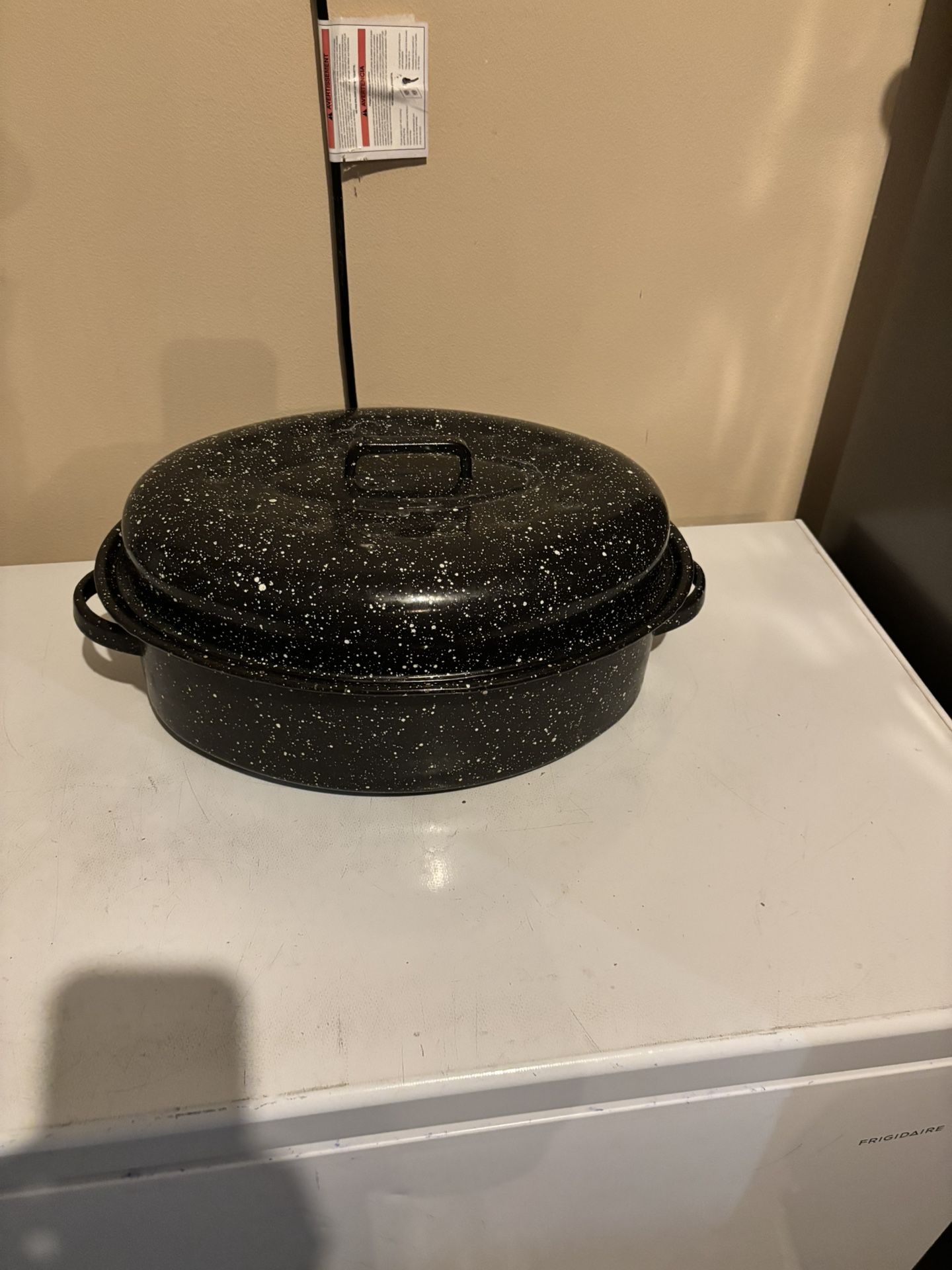 Vintage black speckled enamel roaster