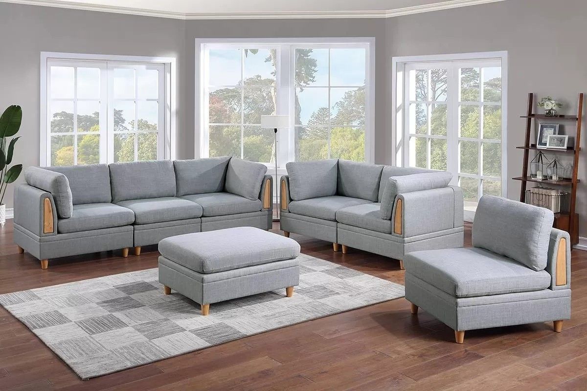 Brand New Grey 7pc Modular Sofa Set w Ottoman 