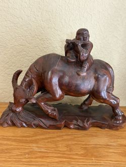 Vintage Wooden Carving Of Child On Water Buffalo