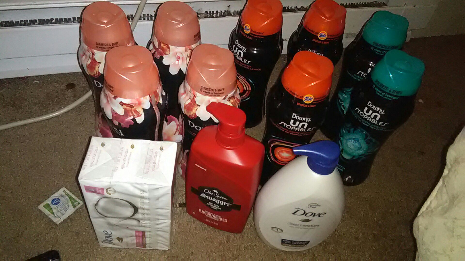 Beads downy ,bar soaps , dove body wash.. Old spice body wash