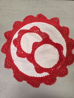 Vintage Red and White Crochet Lace Doily Set of 3