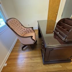 Executive Wood Desk w/ Glass Top + Leather Tufted Chair (Office Set)