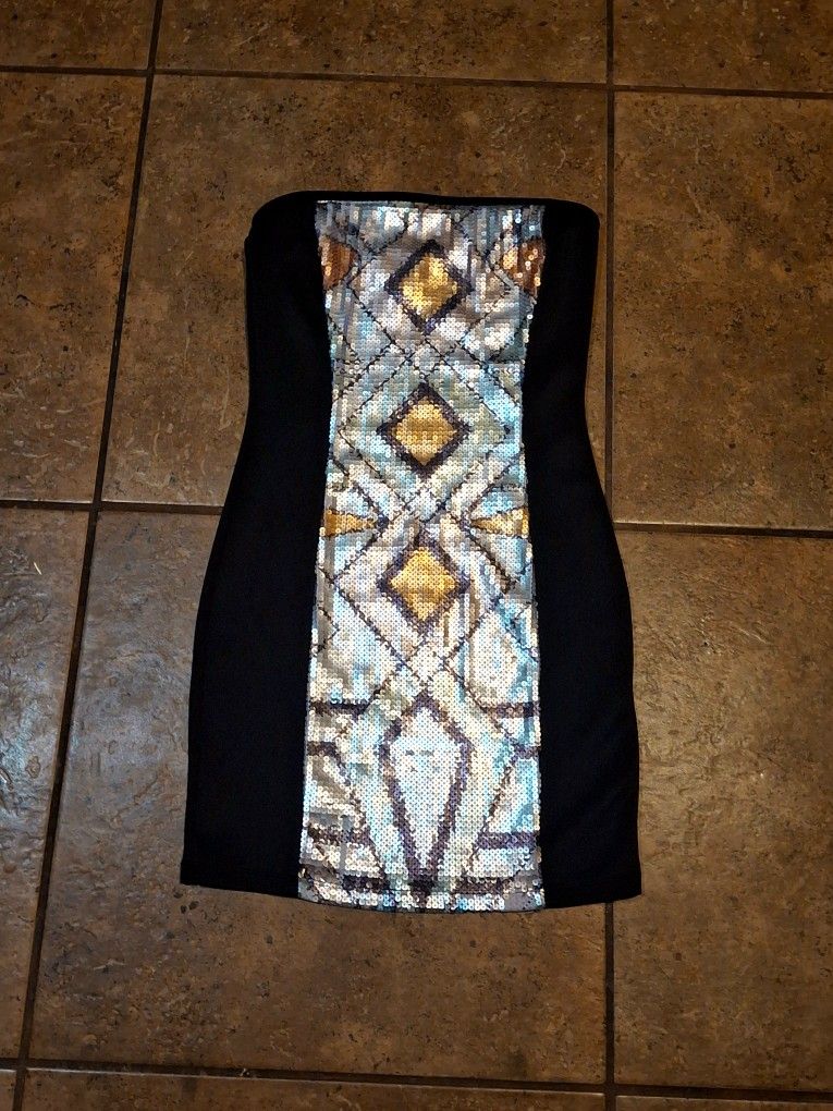 Small Gold Silver Black Sequin Geometric Strapless Bodycon Mini Tube Dress