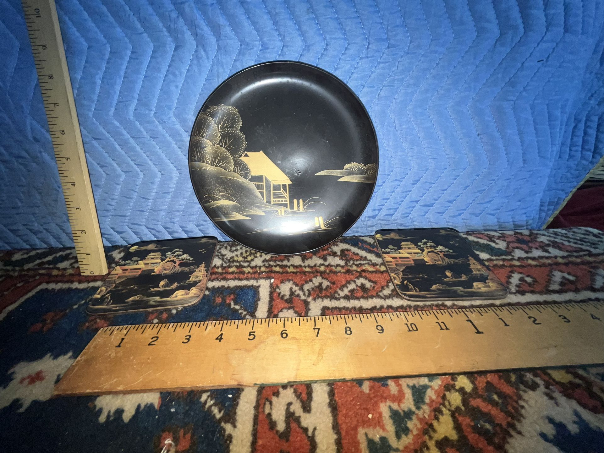 Asian Black Lacquered Coasters & Wall Hanging