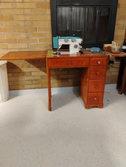Vintage White Sewing Machine with Cabinet