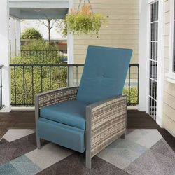 Outdoor Wicker Recliner Chair, Patio Lounge Chair with Iron Frame, Adjustable Backrest & Thick Cushions