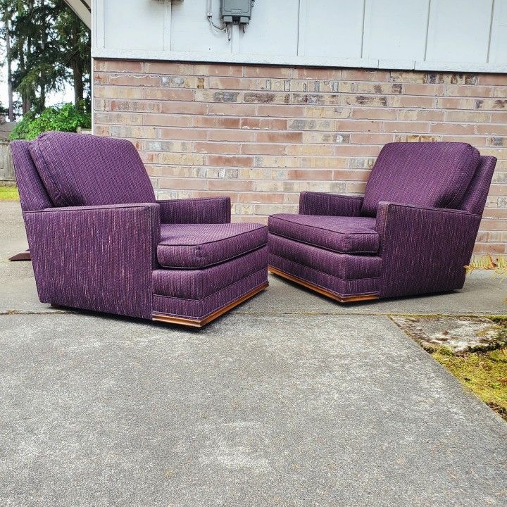 Pair Of Mid Century Modern Purple Lounge Chairs And Ottoman Vintage