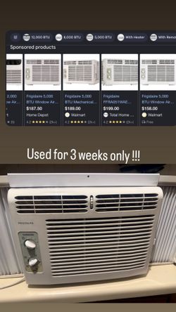 Frigidaire 5,000 BTU Mechanical Window Air Conditioner, 250 Sq. Ft., 2-Speeds, White, window AC portable    New used for 3 weeks only  Pick up Belmont