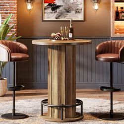 Round Bar Table, 39.4" H Wood Bistro Pub Table with Metal Ring Footrest for Dining Coffee Cocktail Living Room, Small Space, Brown(Only Table)