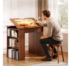 Wood Drawing Desk, Tiltable Drafting Table with Charging Station & Wireless Charging, Storage Cabinet, Drawers & Open Shelves, Walnut