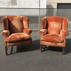 Vintage Mid Century Rusty Burnt Orange Velvet  Wingback Chairs W Nail Trimmed