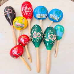 Vintage Mexican Hand Painted Wooden Maracas Lot of 10 Folk Art Rattles Hecho