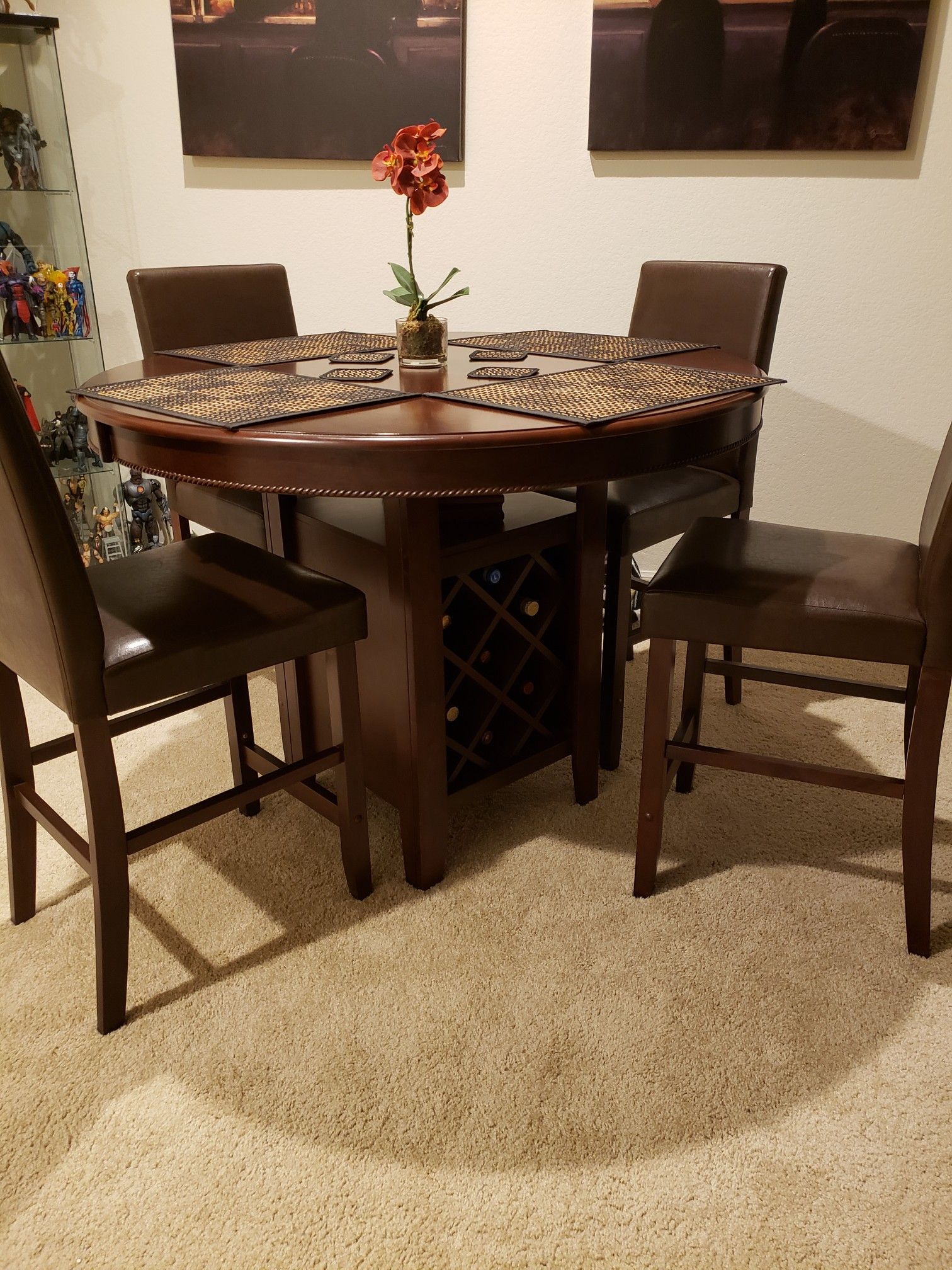 Wine Rack Dining Room Table with Leather Chairs