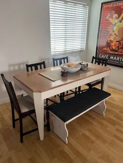 Chic Wood and Marble Rectangular Dining Table