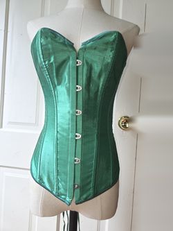 Green Satin Overbust Corset Size Small Steel Busk Lace Up Emerald Costume