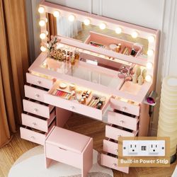 Vanity with Lighted Mirror - 46" Makeup Vanity Desk with Glass Top Makeup Table with 11 Drawers, 3 Color Lighting Modes and Adjustable Brightness, Van