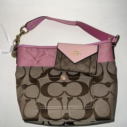 Pink & Brown Coach Bag With Mini Wallet