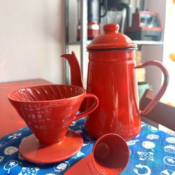 Japanese Pour Over Set - Kalita Enamel Gooseneck Kettle + Hario V60-02 Dripper