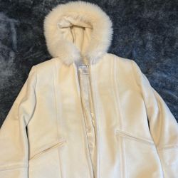 White pea coat with faux fur hood