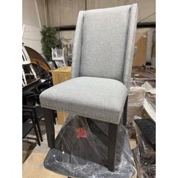 New Dining Chairs (6) Gray Fabric Nailhead Accents Blackened Oak Legs Delivery Available