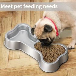 Bone Shape Stainless Steel Dog Food Bowl, Double Food and Water Dish, Metal Pet Bowl, Funny Puppy Feeding Bowl, Suitable for Small Medium Large Dogs