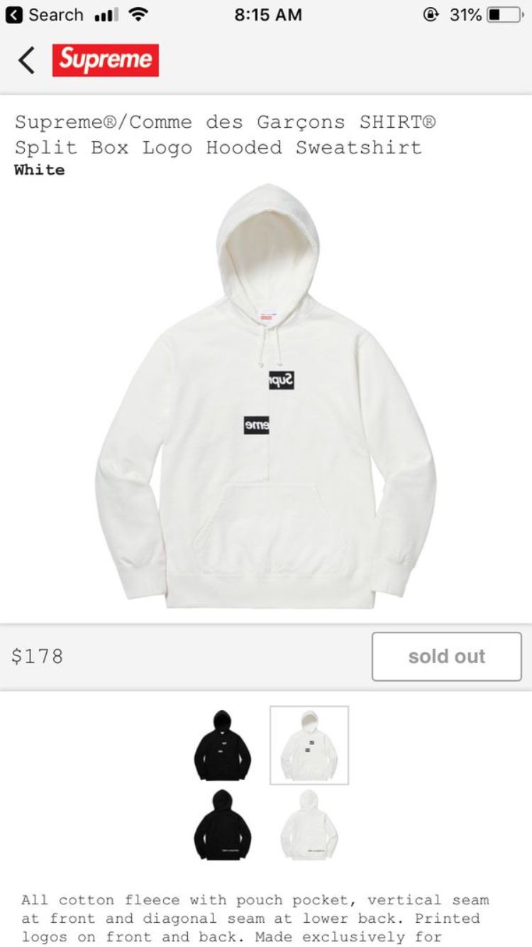 pude Mand Det SUPREME CDG SPLIT BOX LOGO HOODIE - WHITE, SIZE M for Sale in Hillsboro, OR  - OfferUp