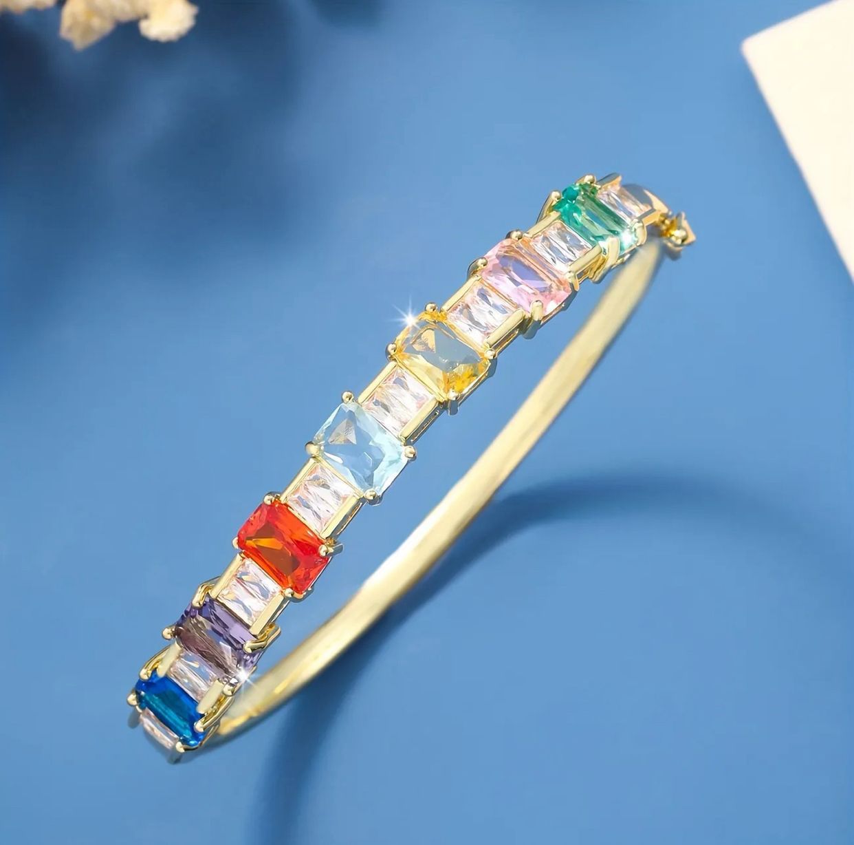 Gold Plated Slim Bangle with Colorful Cubic Zirconia 