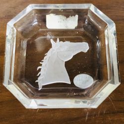 Vintage Crystal Ashtray With Comeo Horse Design 