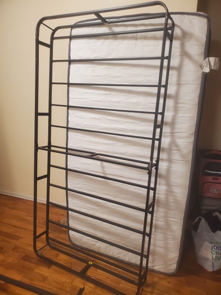 Twin Mattress, Bet Frame And Metal Box Spring. 