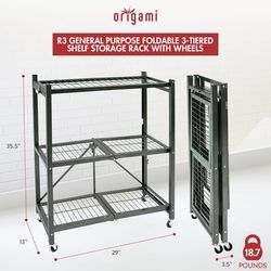 Origami 3-Tier Foldable Storage Shelves, Garage Shelf Rack Unit with Wheels