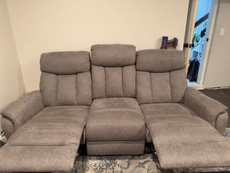 Living Spaces Grey Fabric Dual Reclining Sofa – Excellent Condition