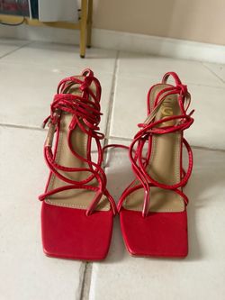 Red Strappy Lace-Up Heeled Sandals
