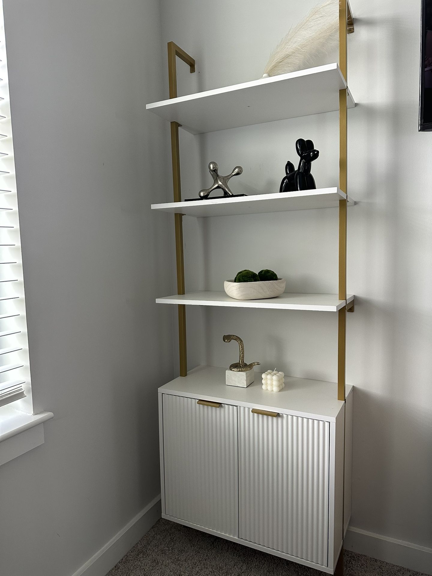3 Tier White & Gold Ladder Shelf with Storage Cabine