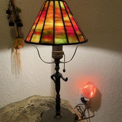 Tiffany Style Stained Glass Bronze Statue Table Lamp Vintage 