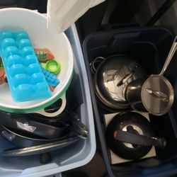 Two Bins Of Kitchen Items