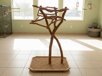 Java Wood Tree Box Bird Perch Stand! Platform is on wheels. Great condition! Retails $449.86 34x25x51in