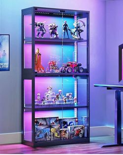 Display Cabinet with Glass Door, 4-Tier Display Case with LED Lights, Display Shelf for Storage