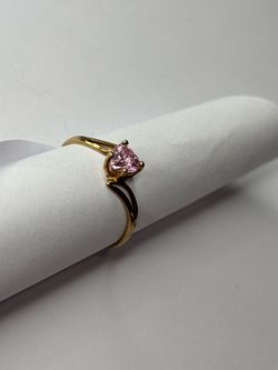 10k Yellow Gold Pink Heart Bypass Ring, Size 7