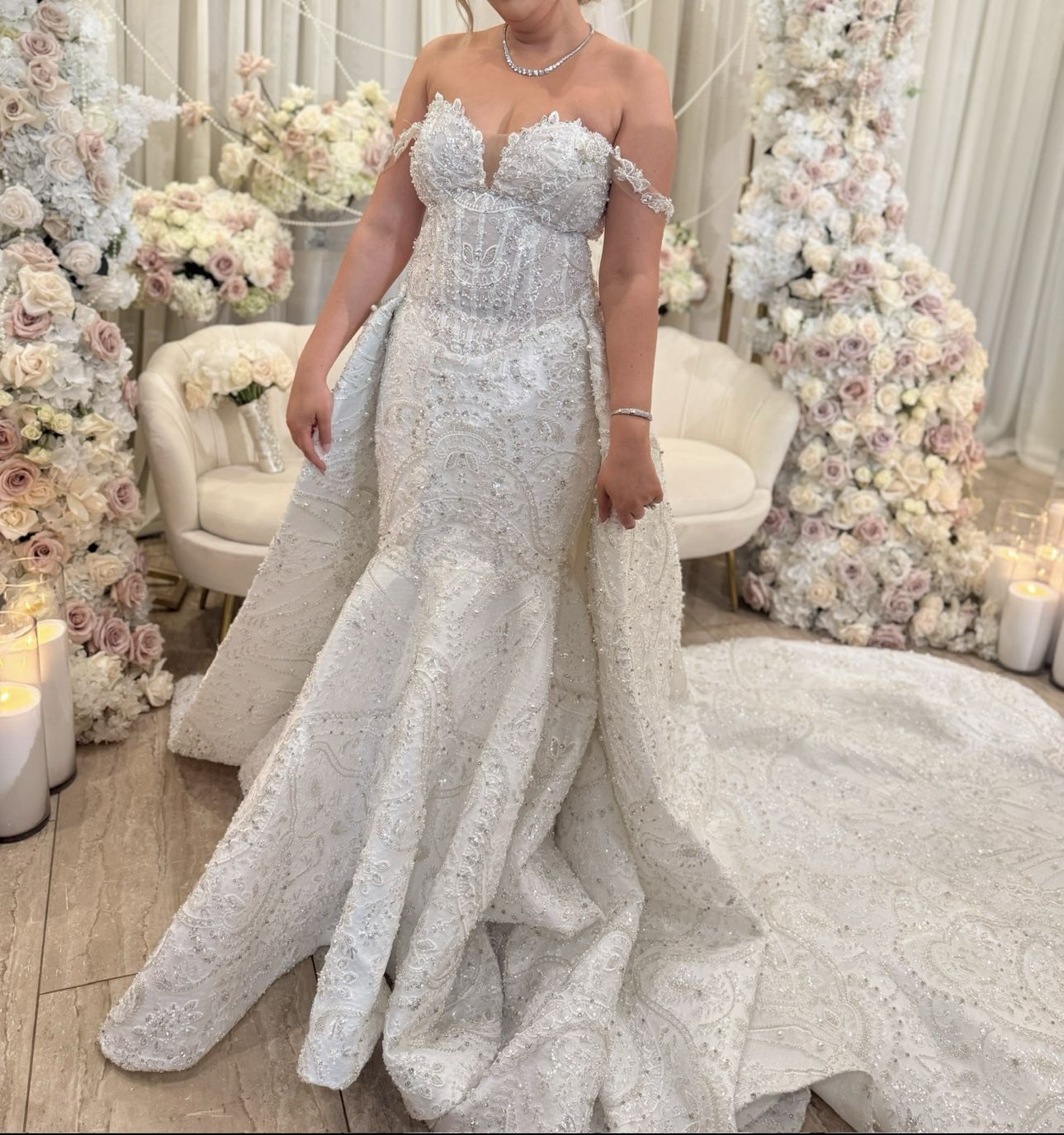Custom Crystal Wedding Gown w/ Overskirt + Veil - Like New 