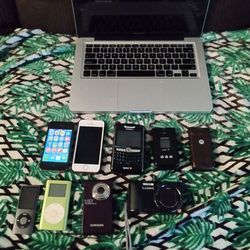 MacBook Pro, iPhones, Blackberry, Samsung Flip, Motorola Flip, iPod, Lumix Camara, Samsung Camara 