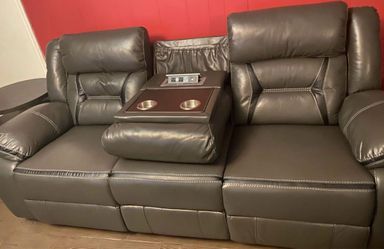 Gray Leather Reclining Sofa with Charging Console