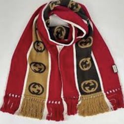 New Gucci Red/Brown Wool Long Fringe Scarf with GG Logo (contact info removed)