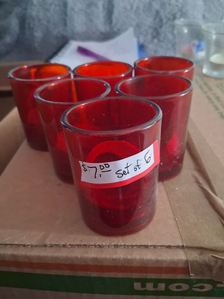 New, Set 7 Red Glass Candle Holders With Candle