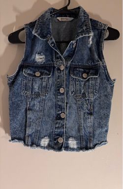 Highway premium denim jeans, size medium cropped, jean vest, sleeveless, distressed, medium wash, fringe tears.
