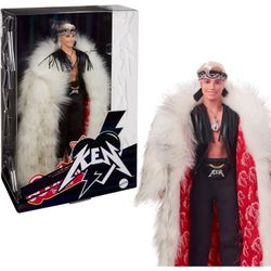 Barbie The Movie Ken Doll in Big Faux Fur Coat & Black Fringe Vest With Bandana