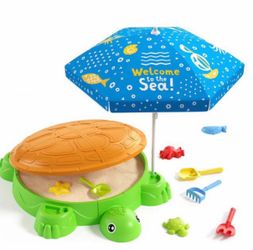 Turtle Sandbox with Lid and Adjustable Umbrella