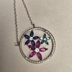 Sterling Silver Lab Created Multi-Gemstone & Diamond Accent Circle With Flowers 