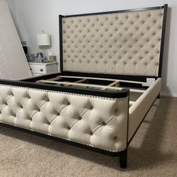 King Size Bed  - USED in Great Condition - Beige Tufted Bed With Dark Wood Trim